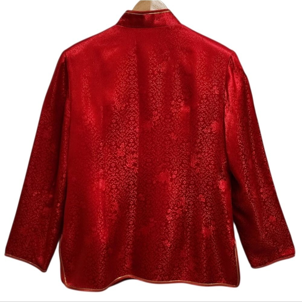 Chinese Womens Tang Jacket Red Gold Floral Satin Knot Asian Party Wedding Sz L - Picture 2 of 10